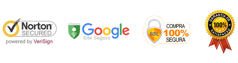 Selos de segurança: Norton Secured, Google Site Seguro, SSL Compra 100% Segura e Garantia de Satisfação